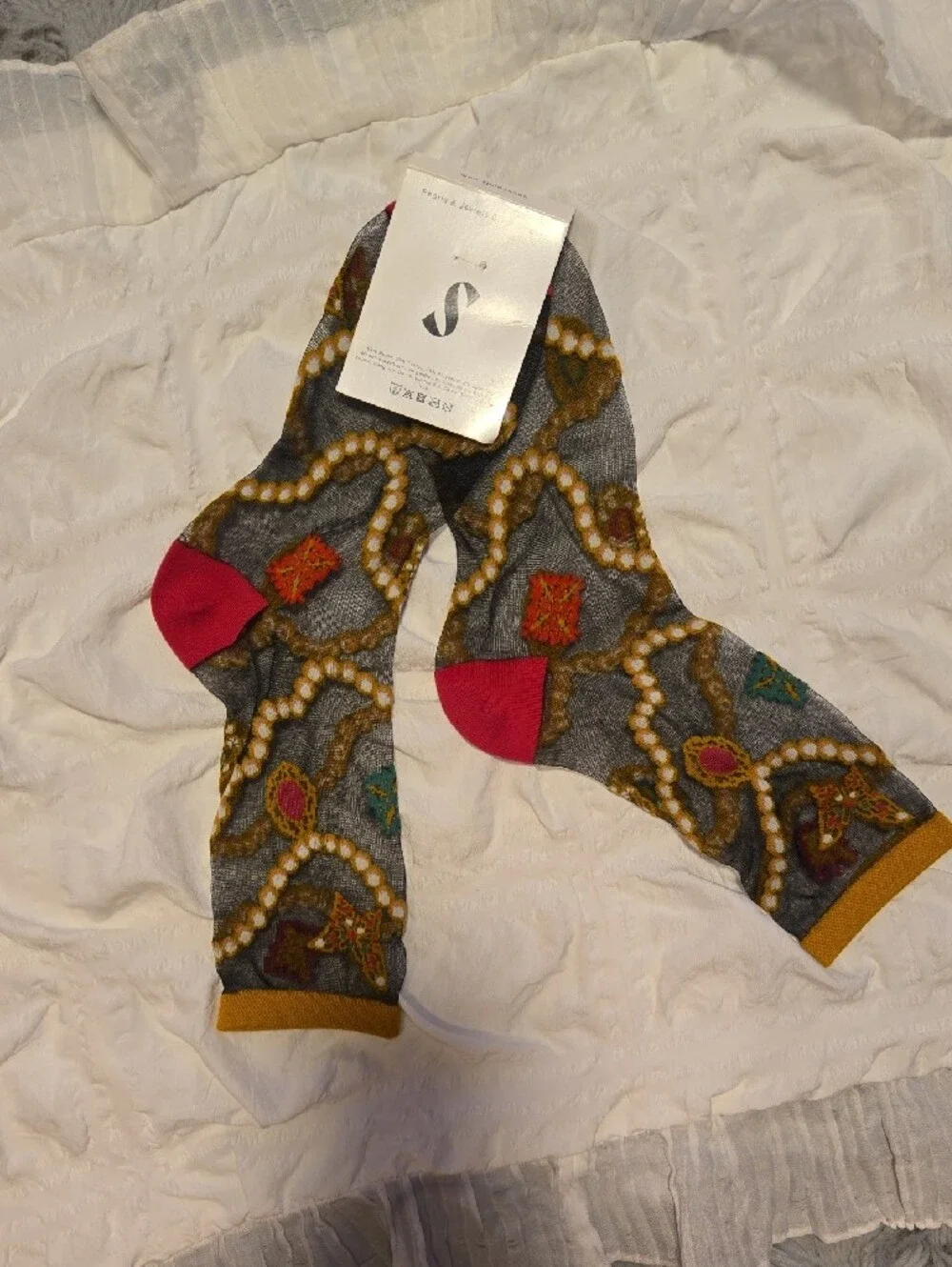 Sock Candy Women’s Pearls & Jewels Black Sheer Print  Socks with Pink Heel